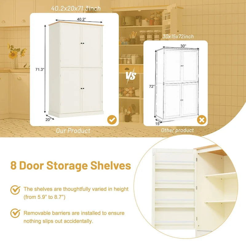 40,2x20x71,3 pouces Grand garde-manger de cuisine autoportant Grande armoire de rangement avec 2 tiroirs, 2 étagères de porte réglables à 8 niveaux