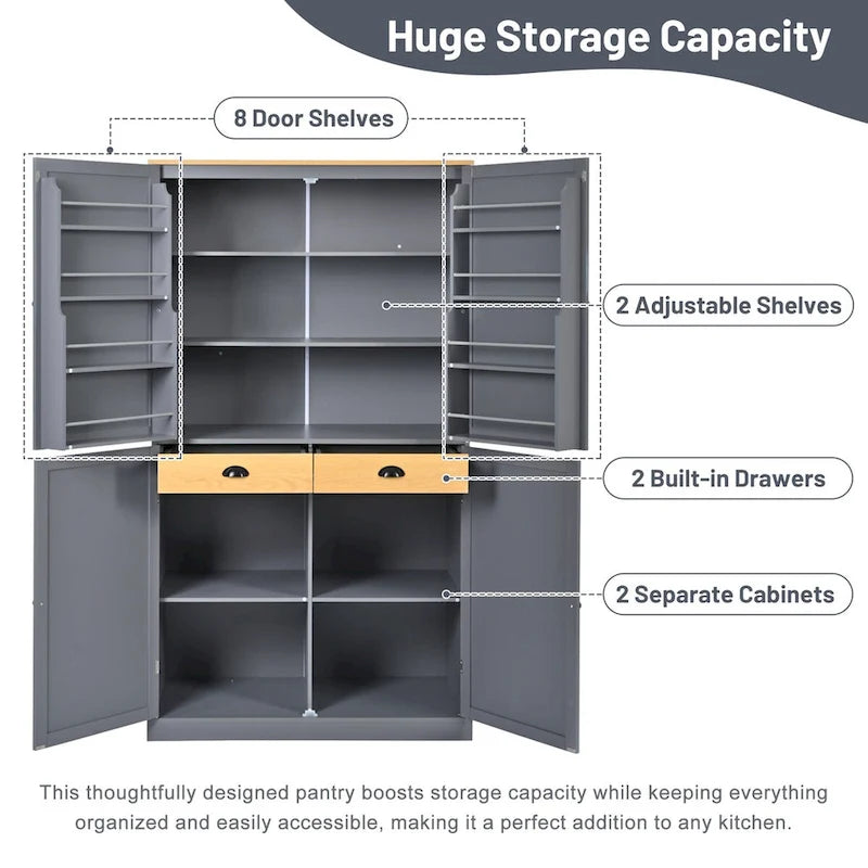 40,2x20x71,3 pouces Grand garde-manger de cuisine autoportant Grande armoire de rangement avec 2 tiroirs, 2 étagères de porte réglables à 8 niveaux