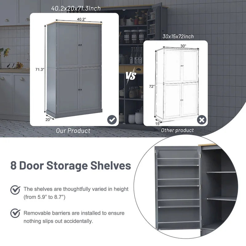 40,2x20x71,3 pouces Grand garde-manger de cuisine autoportant Grande armoire de rangement avec 2 tiroirs, 2 étagères de porte réglables à 8 niveaux