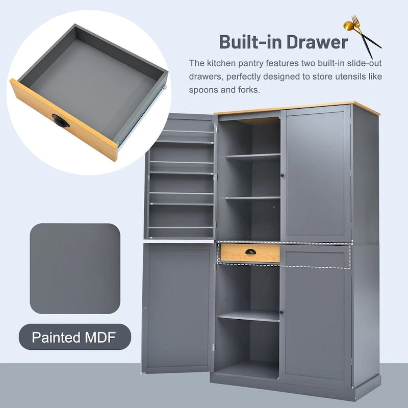 40,2x20x71,3 pouces Grand garde-manger de cuisine autoportant Grande armoire de rangement avec 2 tiroirs, 2 étagères de porte réglables à 8 niveaux