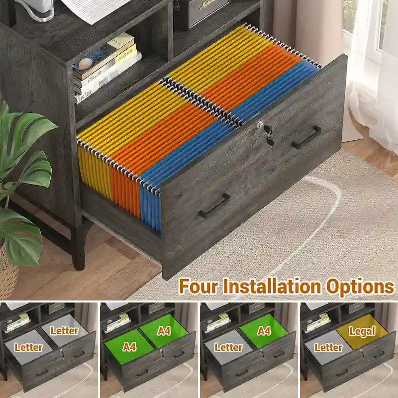 Grand classeur avec tiroir verrouillable, étagères ouvertes et station de recharge USB intégrée, Gris