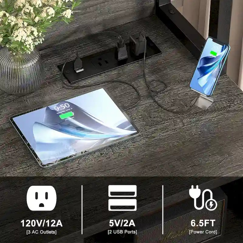 Grand classeur avec tiroir verrouillable, étagères ouvertes et station de recharge USB intégrée, Gris