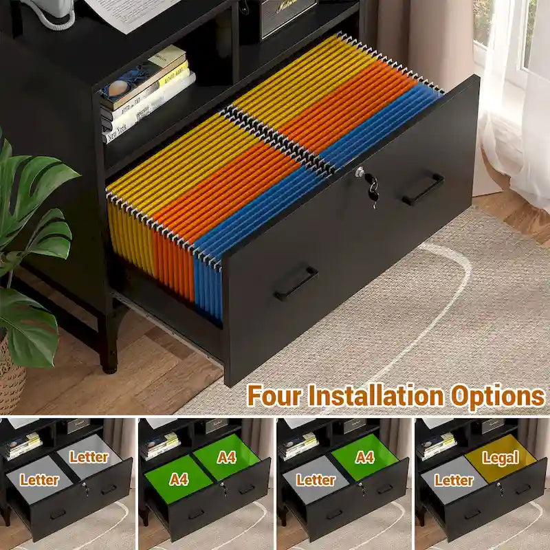 Grand classeur avec tiroir verrouillable, étagères ouvertes et station de recharge USB intégrée, Gris