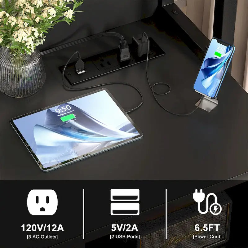 Grand classeur avec tiroir verrouillable, étagères ouvertes et station de recharge USB intégrée, Gris