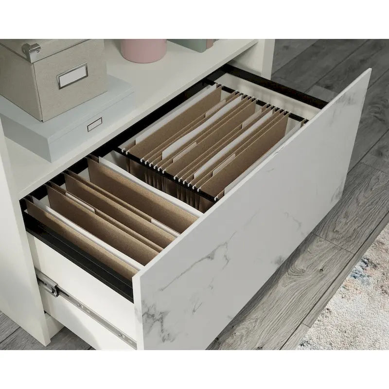 Classeur latéral Pearl Oak avec étagère ouverte et tiroir en marbre blanc