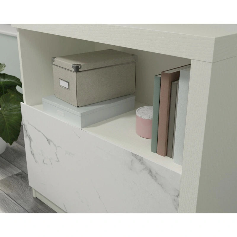 Classeur latéral Pearl Oak avec étagère ouverte et tiroir en marbre blanc