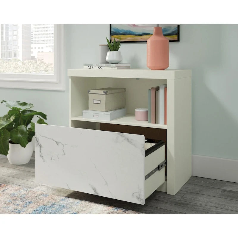 Classeur latéral Pearl Oak avec étagère ouverte et tiroir en marbre blanc