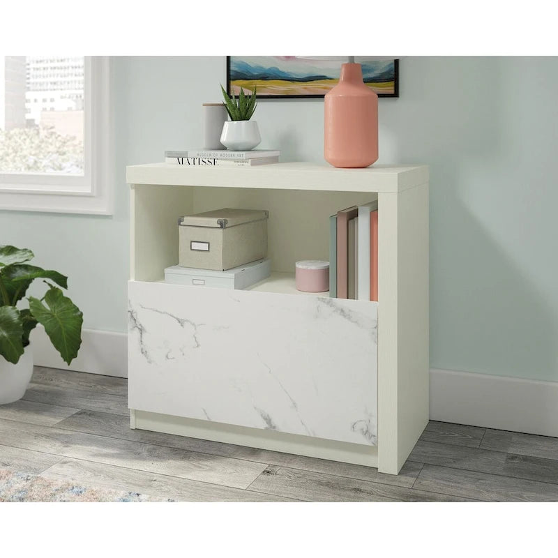 Classeur latéral Pearl Oak avec étagère ouverte et tiroir en marbre blanc