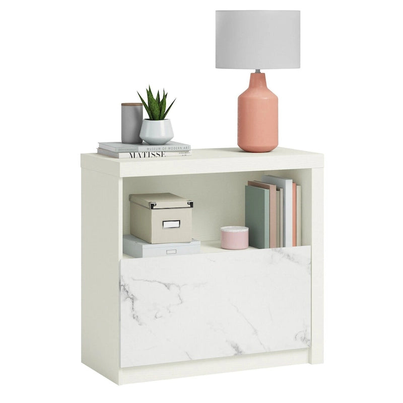 Classeur latéral Pearl Oak avec étagère ouverte et tiroir en marbre blanc