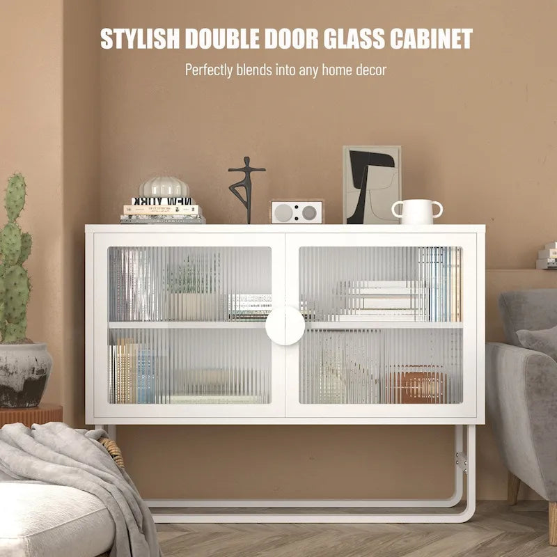 Meuble bas en verre trempé avec 2 portes en verre cannelé, étagère réglable, pieds en U, placard fermé pour cuisine et salon