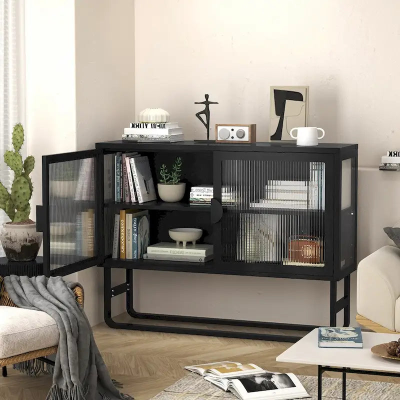 Meuble bas en verre trempé avec 2 portes en verre cannelé, étagère réglable, pieds en U, placard fermé pour cuisine et salon