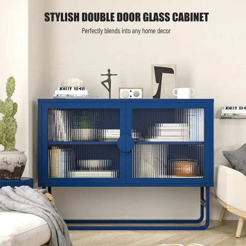 Meuble bas en verre trempé avec 2 portes en verre cannelé, étagère réglable, pieds en U, placard fermé pour cuisine et salon