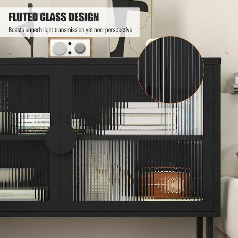 Meuble bas en verre trempé avec 2 portes en verre cannelé, étagère réglable, pieds en U, placard fermé pour cuisine et salon