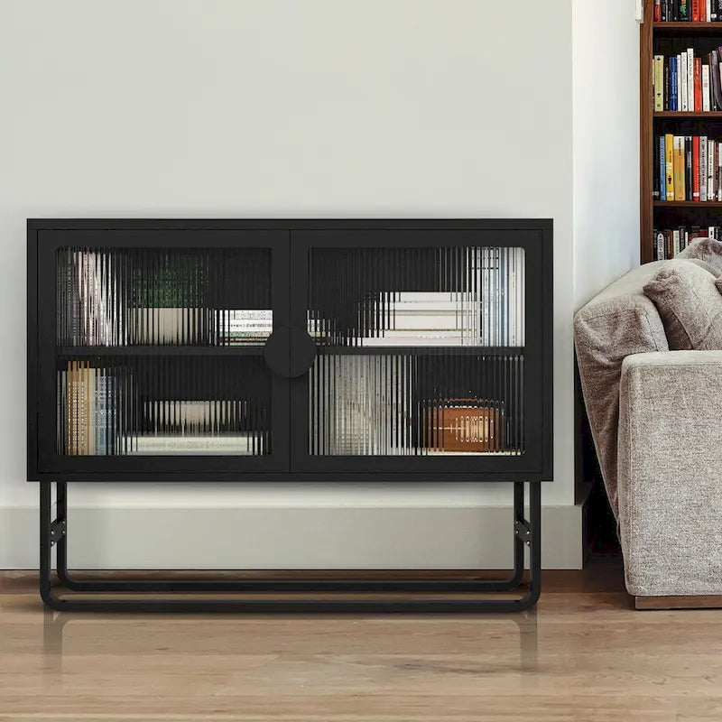 Meuble bas en verre trempé avec 2 portes en verre cannelé, étagère réglable, pieds en U, placard fermé pour cuisine et salon