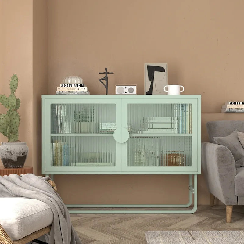 Meuble bas en verre trempé avec 2 portes en verre cannelé, étagère réglable, pieds en U, placard fermé pour cuisine et salon
