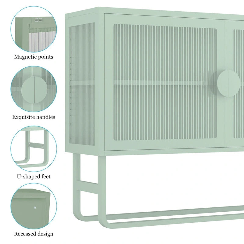 Meuble bas en verre trempé avec 2 portes en verre cannelé, étagère réglable, pieds en U, placard fermé pour cuisine et salon