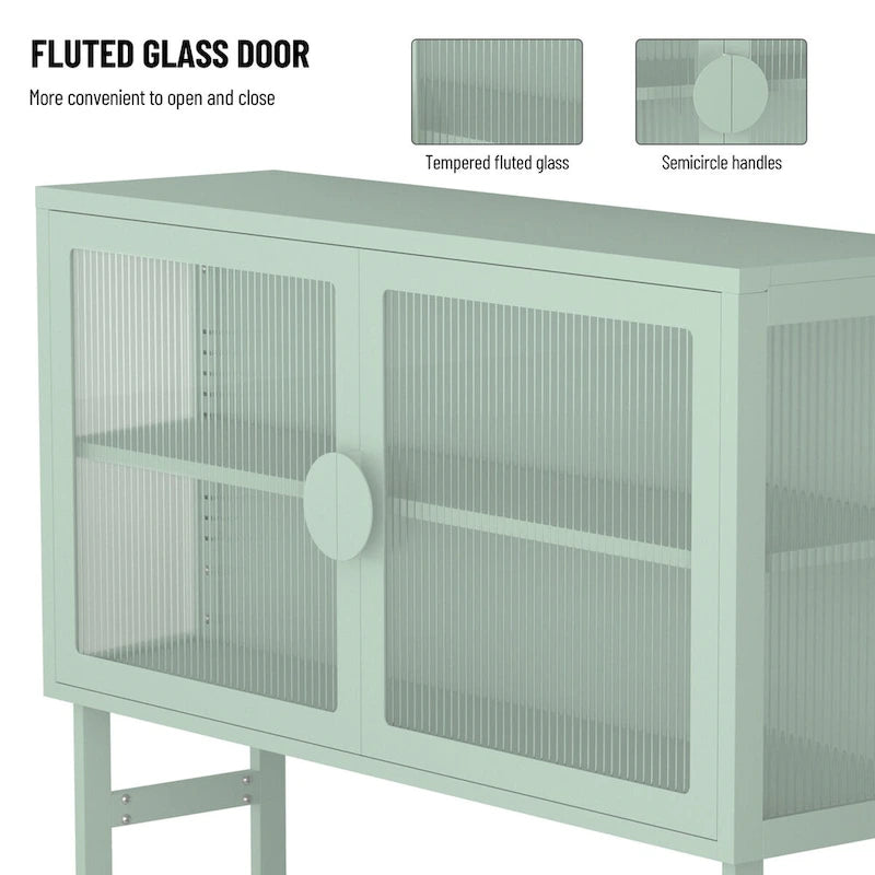 Meuble bas en verre trempé avec 2 portes en verre cannelé, étagère réglable, pieds en U, placard fermé pour cuisine et salon