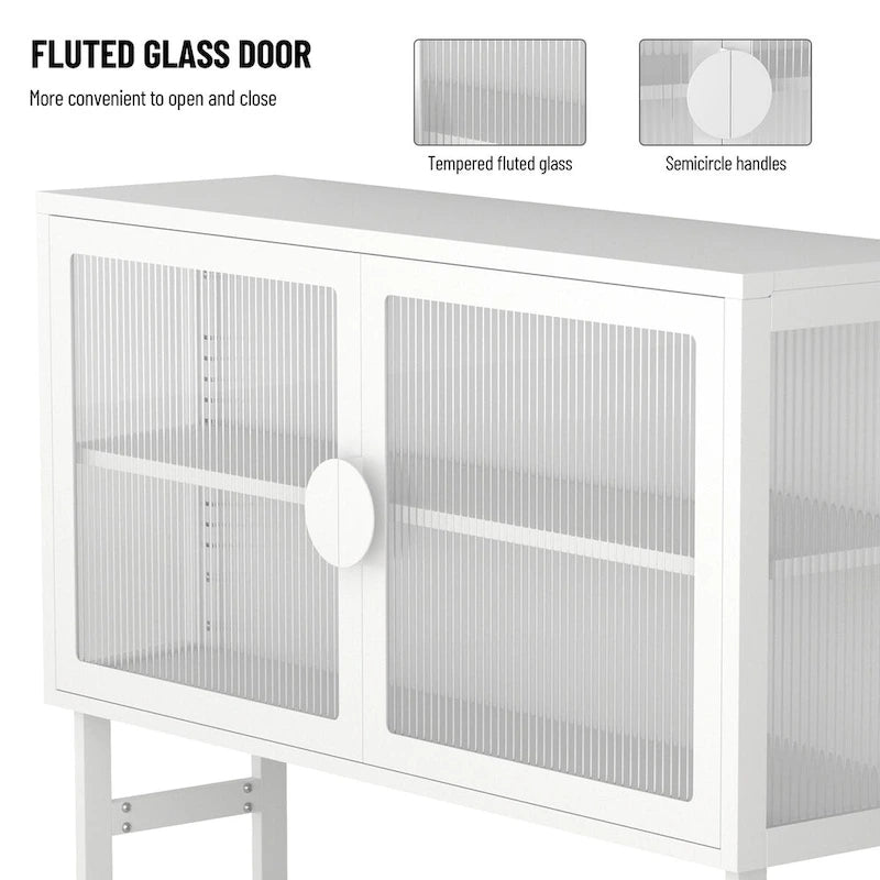 Meuble bas en verre trempé avec 2 portes en verre cannelé, étagère réglable, pieds en U, placard fermé pour cuisine et salon