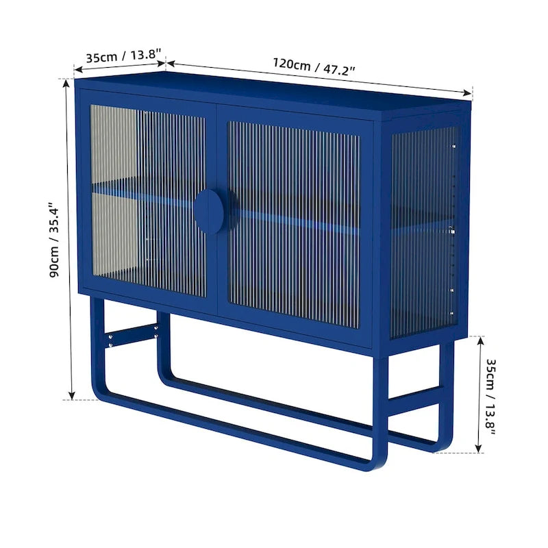 Meuble bas en verre trempé avec 2 portes en verre cannelé, étagère réglable, pieds en U, placard fermé pour cuisine et salon