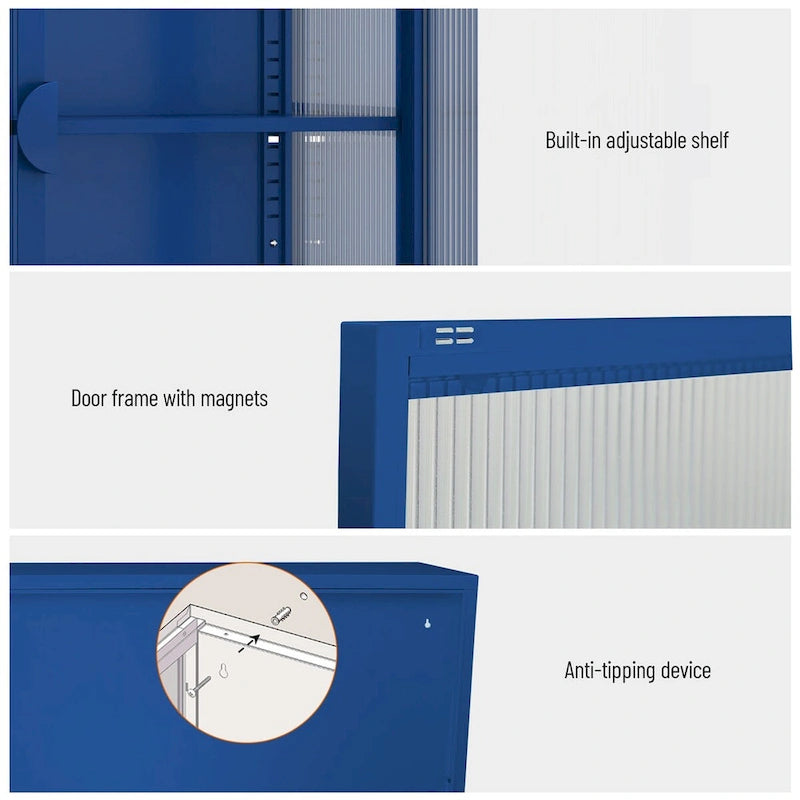 Meuble bas en verre trempé avec 2 portes en verre cannelé, étagère réglable, pieds en U, placard fermé pour cuisine et salon