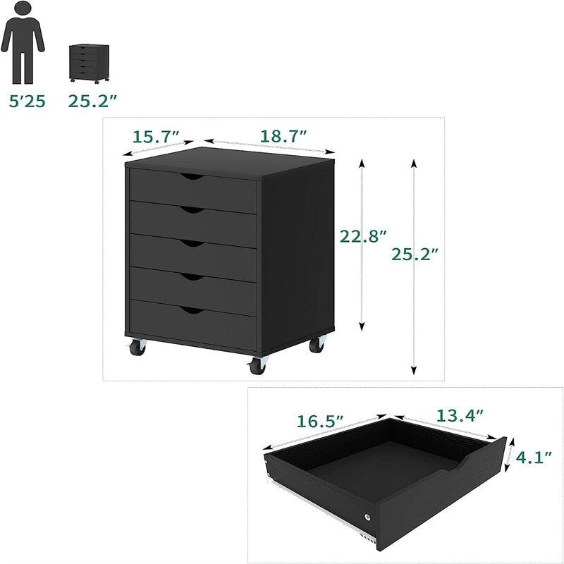 Meuble de rangement roulant à 5 tiroirs avec roulettes verrouillables, gris et noir