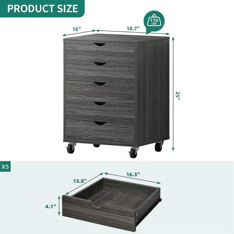 Meuble de rangement roulant à 5 tiroirs avec roulettes verrouillables, gris et noir