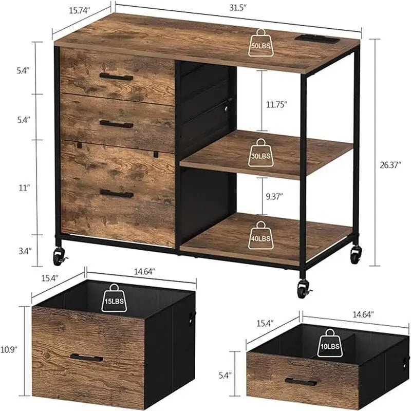Caisson de Rangement à Roulettes avec Prises Électriques 3 Tiroirs Étagères Ouvertes Marron Rustique