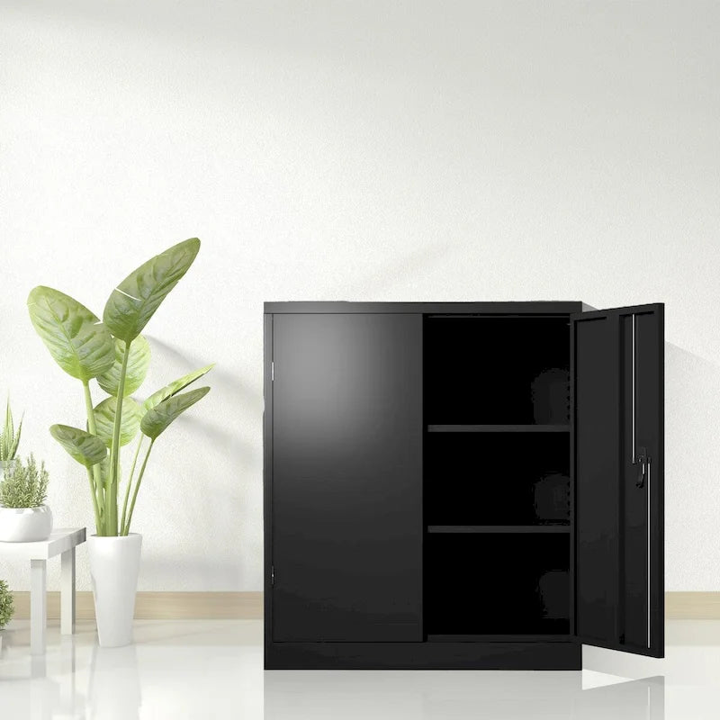Armoire de rangement noire en acier verrouillable, deux portes, étagères réglables