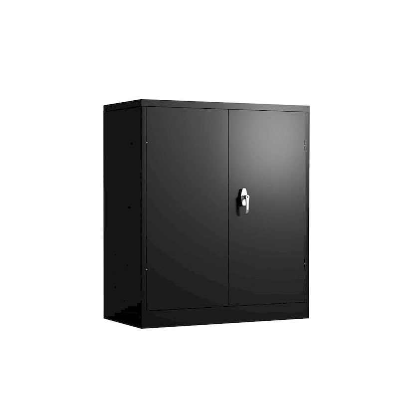 Armoire de rangement noire en acier verrouillable, deux portes, étagères réglables