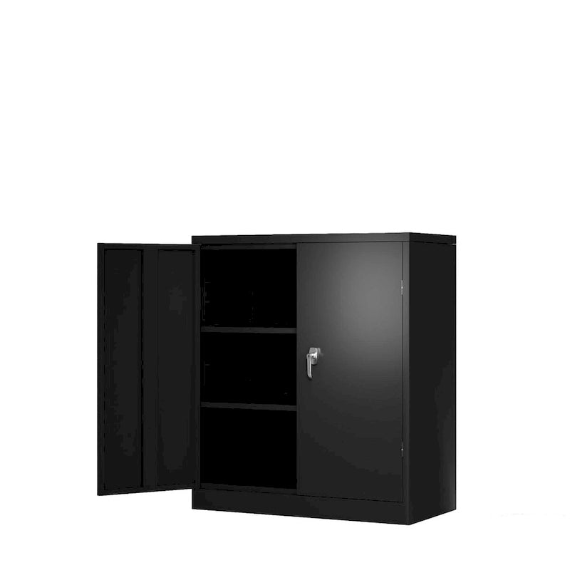 Armoire de rangement noire en acier verrouillable, deux portes, étagères réglables
