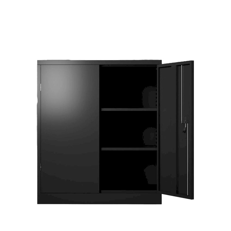 Armoire de rangement noire en acier verrouillable, deux portes, étagères réglables