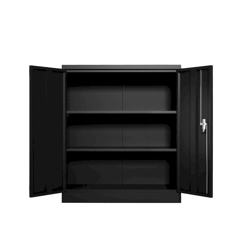 Armoire de rangement noire en acier verrouillable, deux portes, étagères réglables