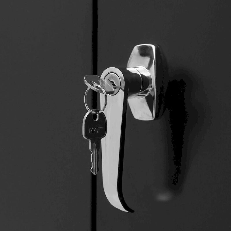 Armoire de rangement noire en acier verrouillable, deux portes, étagères réglables
