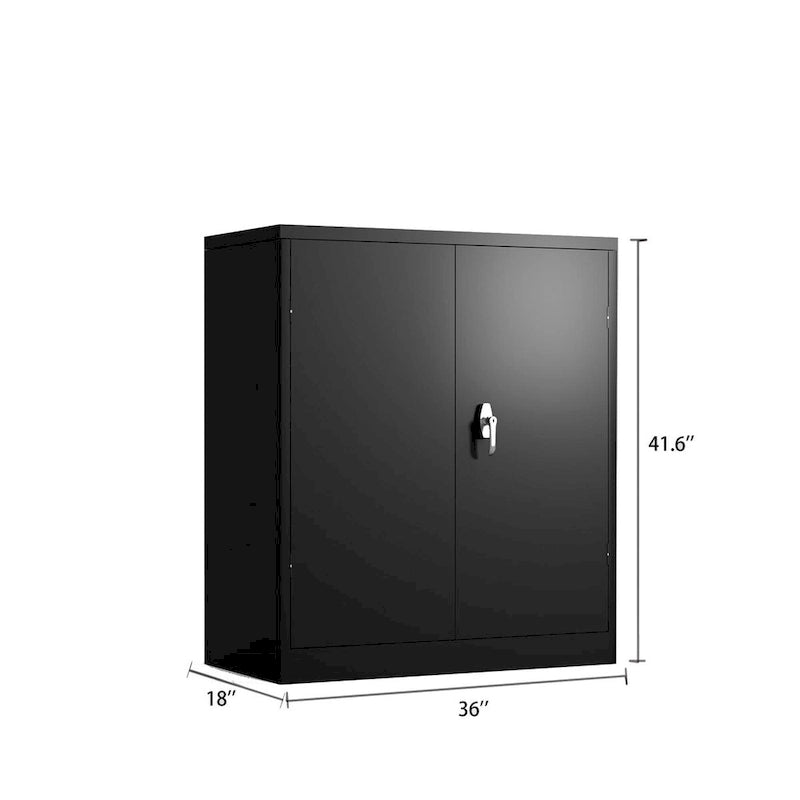 Armoire de rangement noire en acier verrouillable, deux portes, étagères réglables