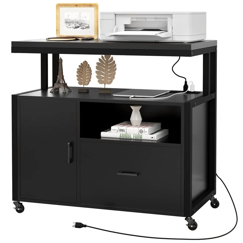 Meuble de Rangement de Bureau Roulant avec Fini Bois Noir, Tiroir et Prises Électriques