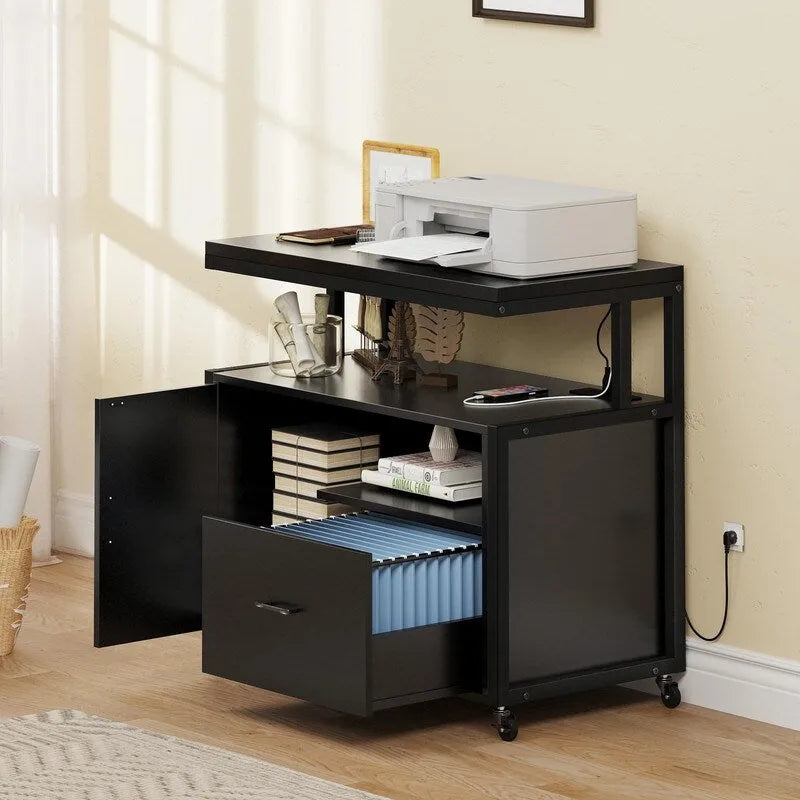 Meuble de Rangement de Bureau Roulant avec Fini Bois Noir, Tiroir et Prises Électriques