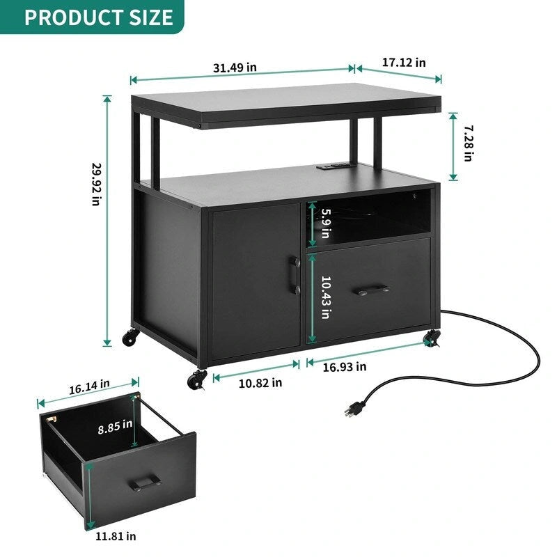 Meuble de Rangement de Bureau Roulant avec Fini Bois Noir, Tiroir et Prises Électriques