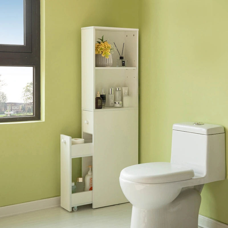 Meuble de rangement pour salle de bain, idéal comme rangement pour papier toilette, organisateur de produits féminins avec tiroir de rangement et étagère réglable