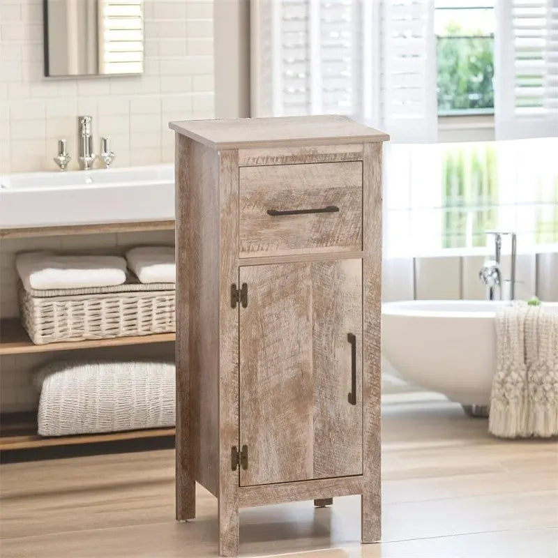 Meuble de rangement de salle de bain autoportant avec tiroir, porte et étagère réglable, marron