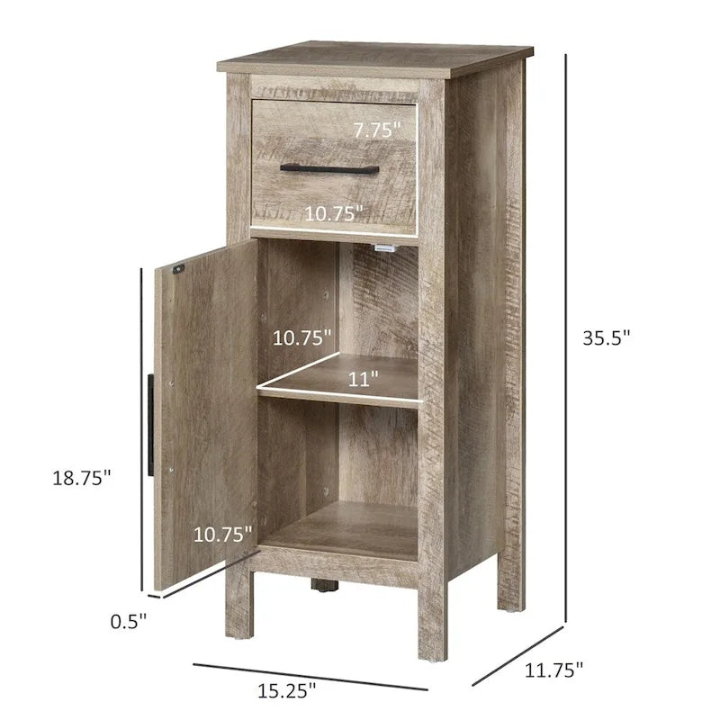 Meuble de rangement de salle de bain autoportant avec tiroir, porte et étagère réglable, marron