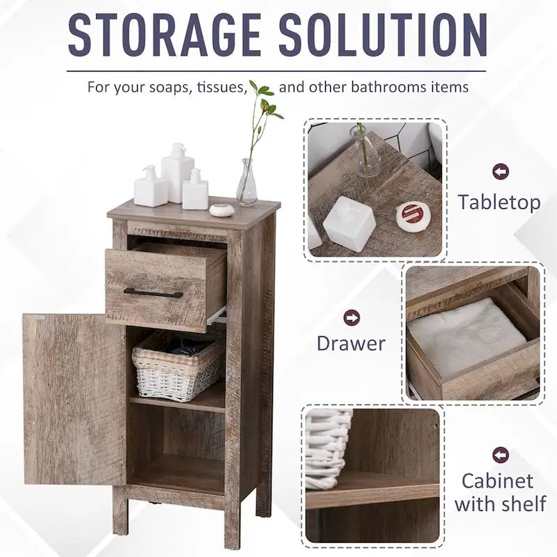 Meuble de rangement de salle de bain autoportant avec tiroir, porte et étagère réglable, marron