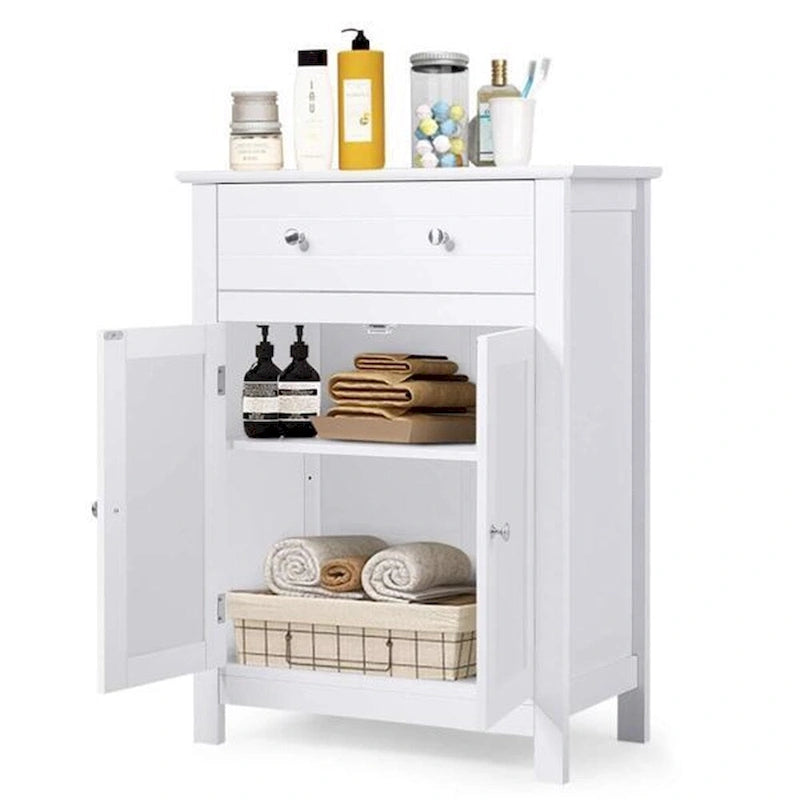 Meuble de salle de bain bas en MDF blanc avec tiroir et rangement double porte