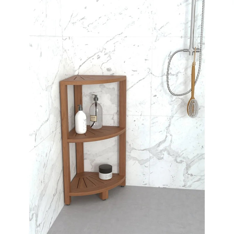 Étagère d'angle 3 niveaux en teck pour salle de bain Gris naturel