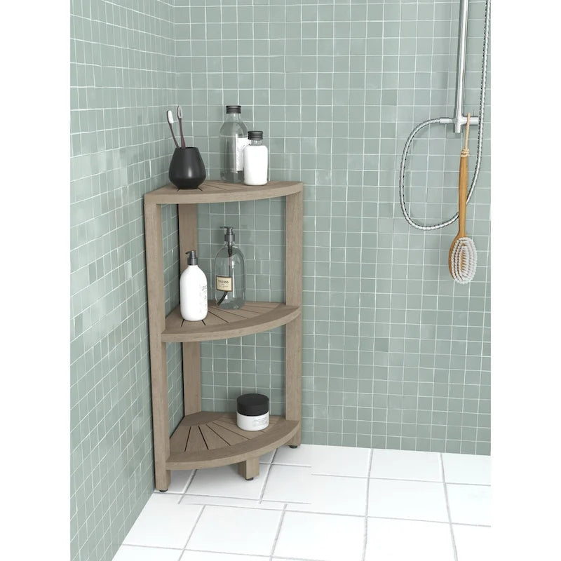 Étagère d'angle 3 niveaux en teck pour salle de bain Gris naturel