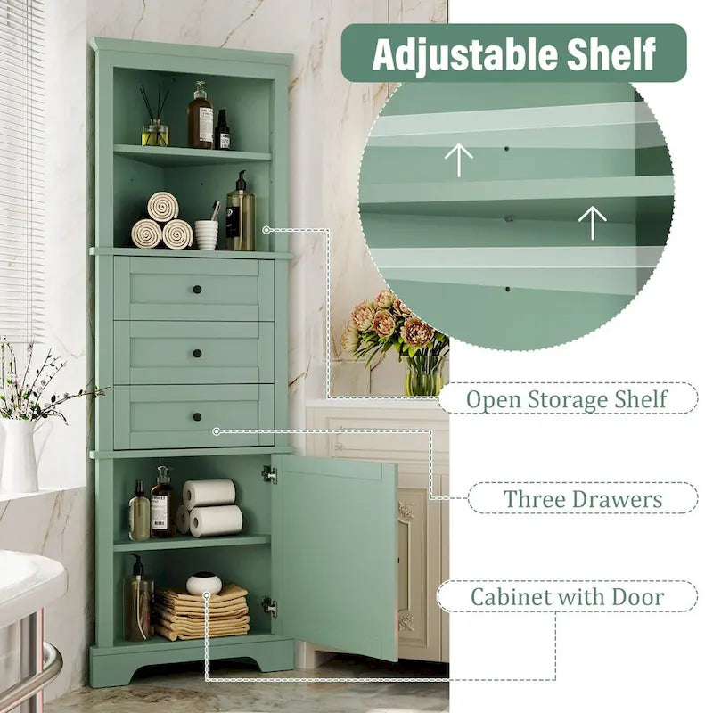 69 Meuble de salle de bain vert à 1 porte Tall Wood avec étagère réglable