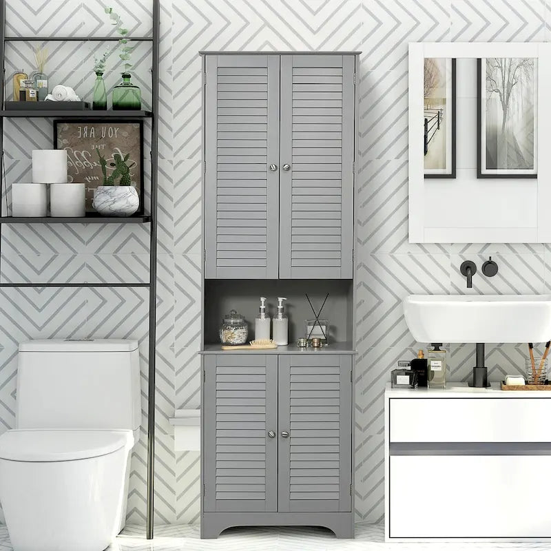 Meuble de rangement haut et étroit pour salle de bain avec portes et étagère