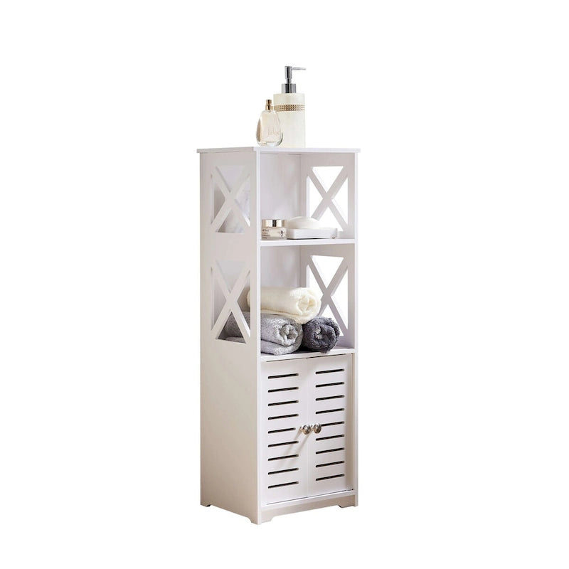 Meuble de rangement de salle de bain blanc avec étagères ouvertes et porte persiennée