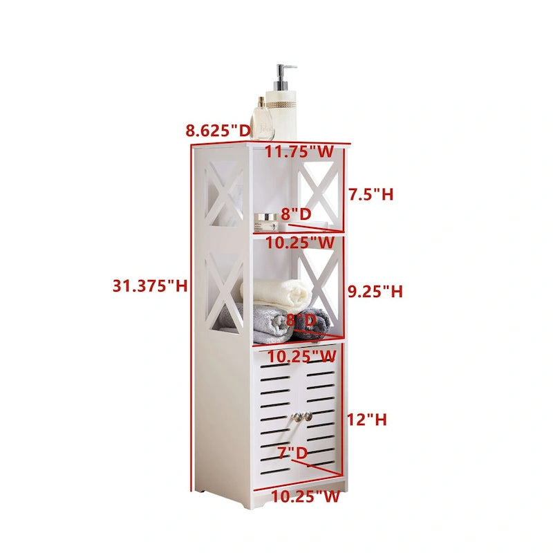 Meuble de rangement de salle de bain blanc avec étagères ouvertes et porte persiennée