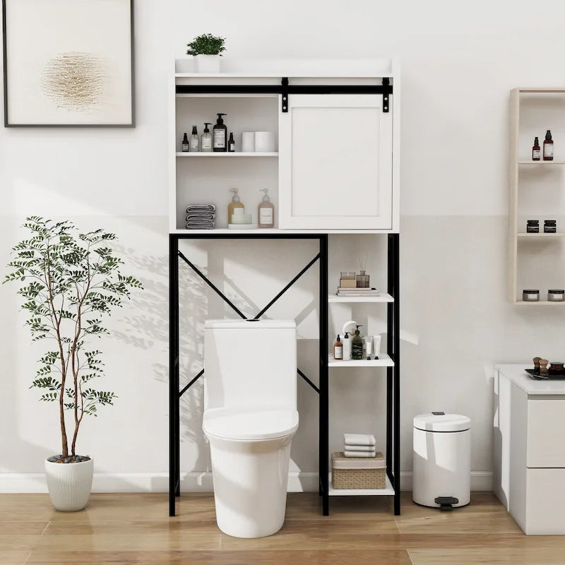 Meuble de rangement WC avec porte coulissante de style grange et étagères latérales ouvertes, blanc