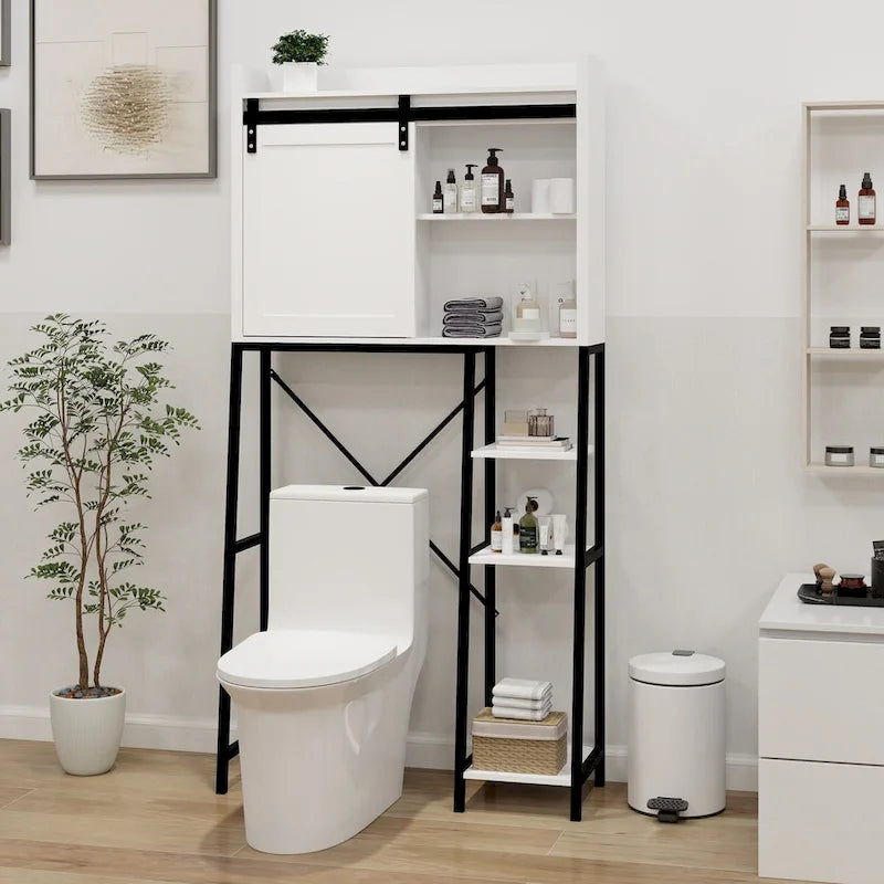 Meuble de rangement WC avec porte coulissante de style grange et étagères latérales ouvertes, blanc